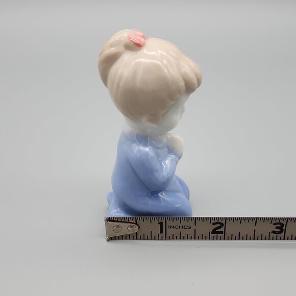 Vintage Praying Little Girl Blue Nightgown Red Bow Japan Porcelain Figurine - Picture 12 of 14